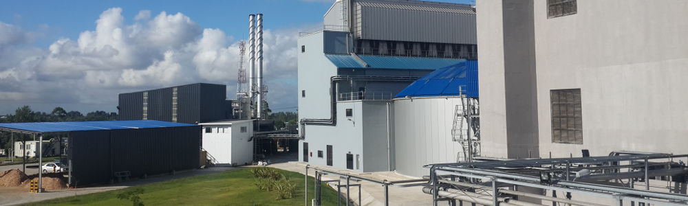 Instalacion industrial de Malteria Oriental con edificios y conducciones exteriores.